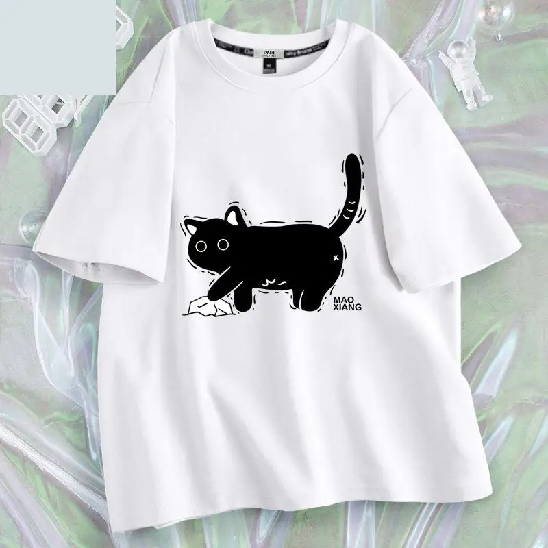 Camiseta de manga corta con Gato Negro para mujer, ropa Y2k, diseño Sense nicho Ins, Tops de algodón puro verde claro a la moda, camisetas para mujer