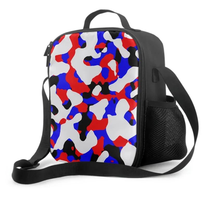 

Blue Red White Black Camo Insulated Lunch Bag for School Office Picnic Colorful Camouflage Geometric Print Cooler Tote Lunch Box