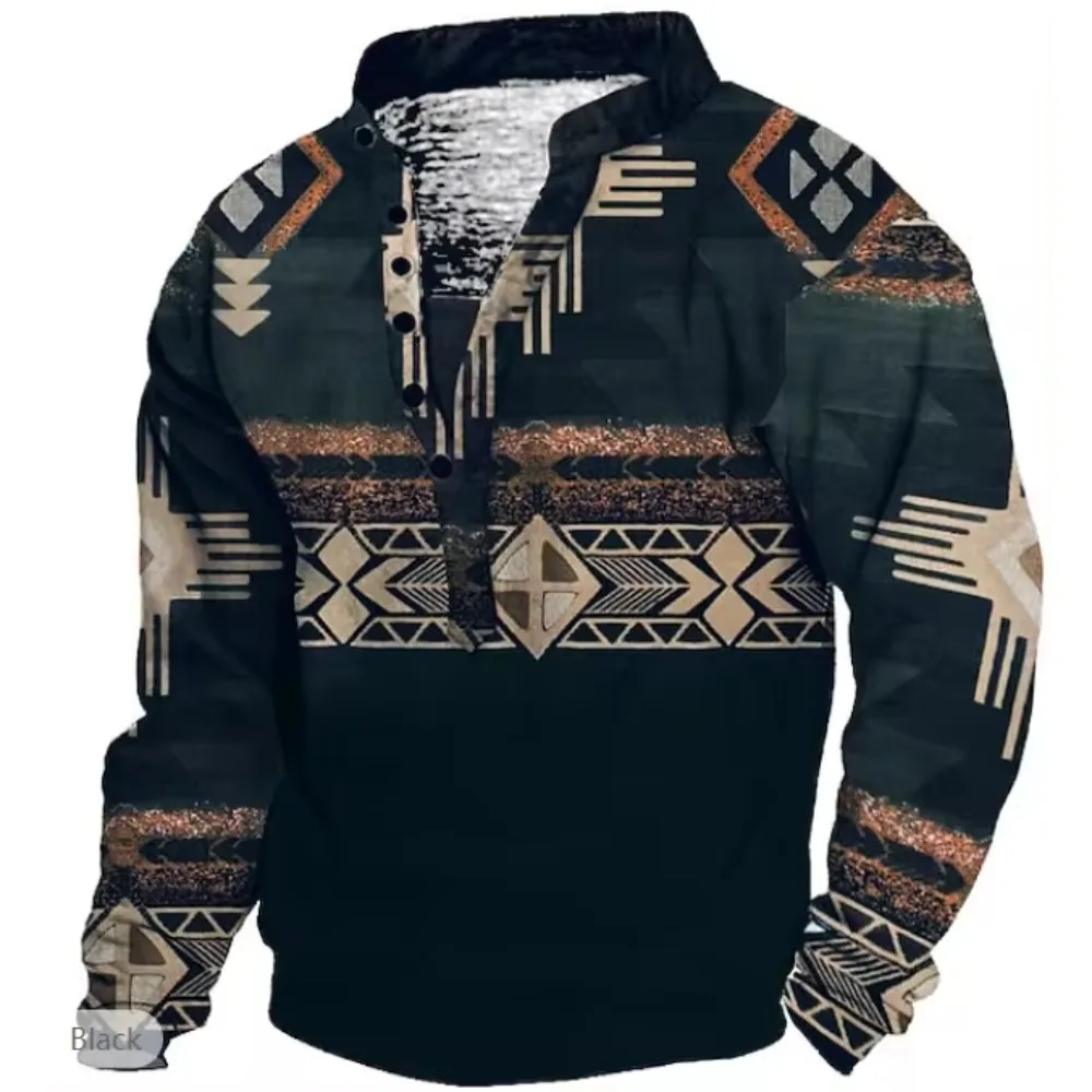 

Plus Size Men's Henley Collar Fashion Bohemian Graphic Print Casual Long Sleeve Daily Sports Ethnic Style Hoodie