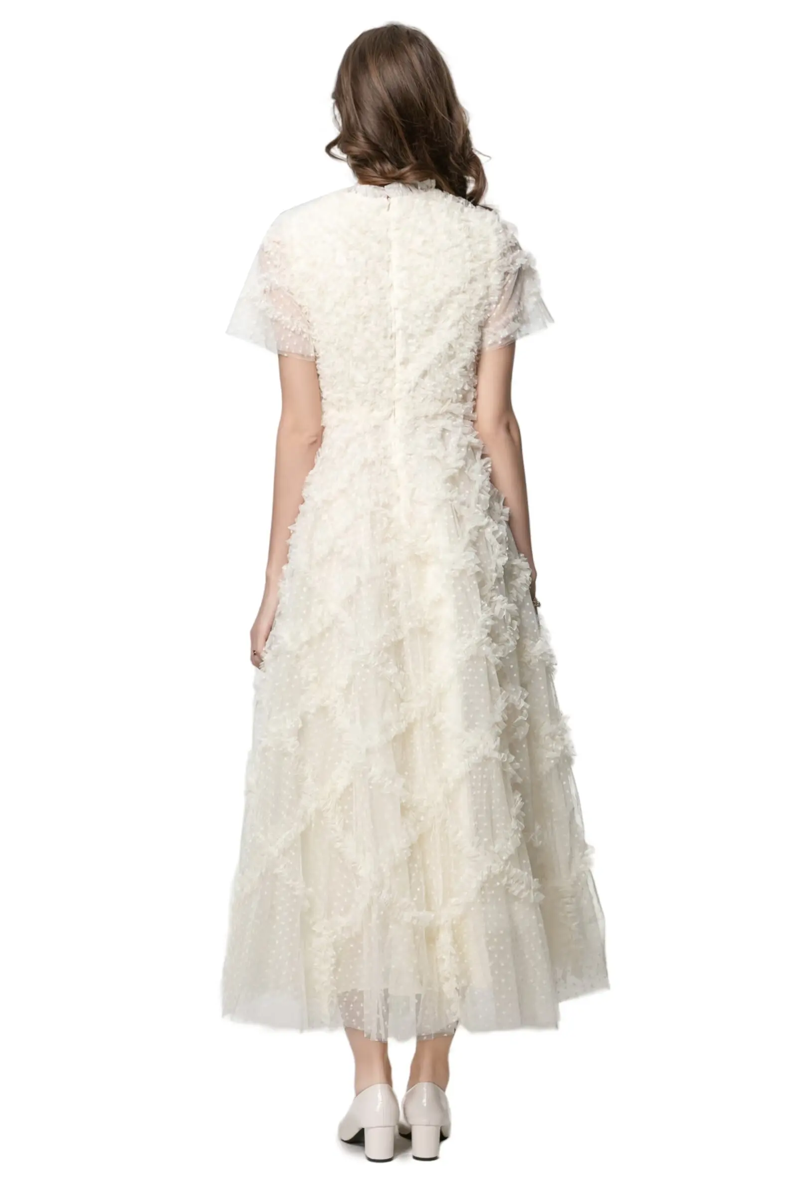 Meyyithun novo vestido feminino em torno do pescoço de manga curta malha em camadas babados borda elegante boêmio vestido de baile baile 0317mz01