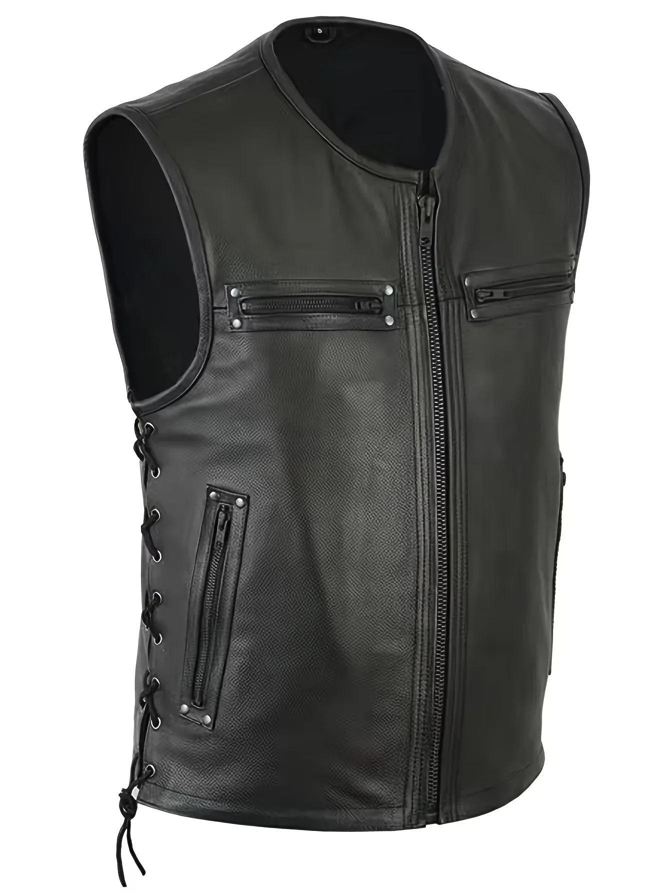 Herren-Motorradweste aus Kunstleder in Schwarz, ärmellose Punk-Biker-Weste mit Reißverschluss, seitlich geschnürte Oberbekleidung für den täglichen Gebrauch im Herbst. – Detail 3