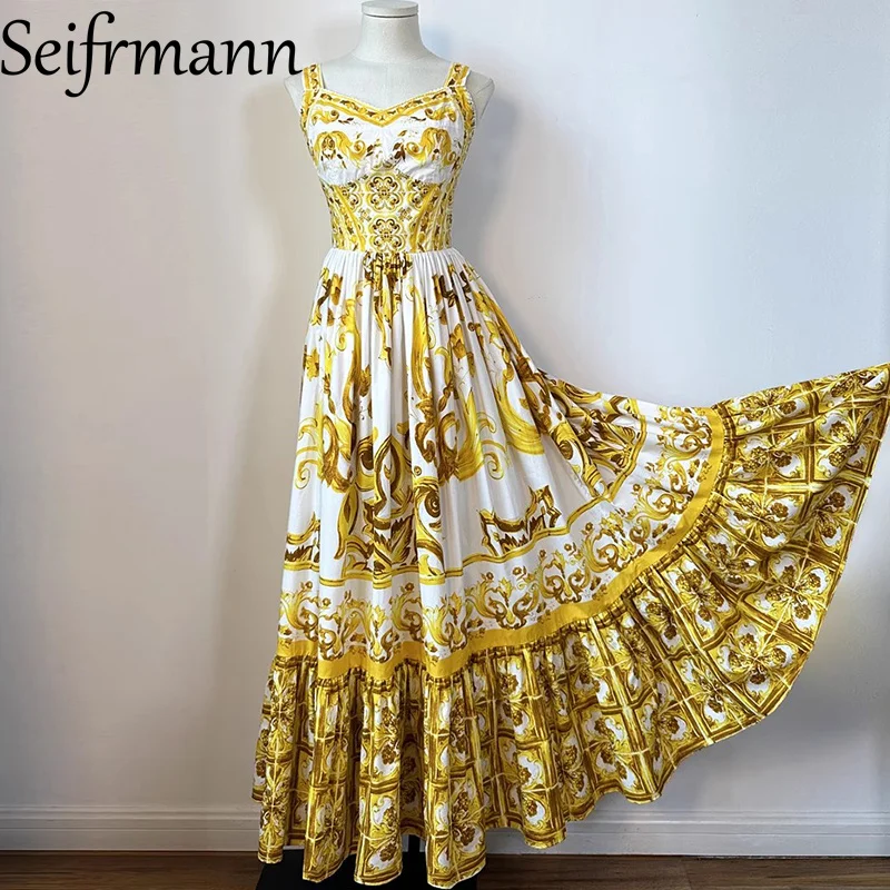 Seifrmann Modedesign Damen Partykleid Spaghettiträger Rückenfrei Print Temperament A-Linie Plissee Kleider