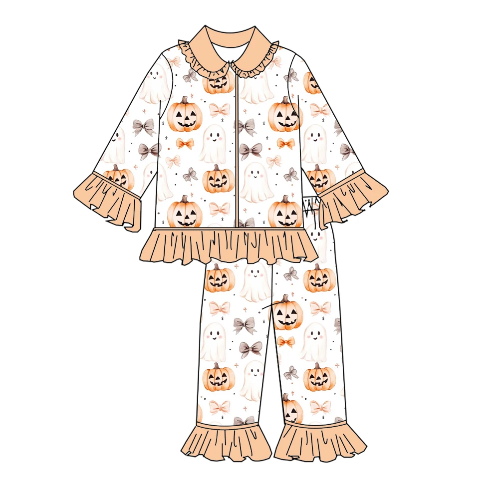 Boutique Children's Set Pumpkin Bow Print Lapel Long-Sleeved Trousers Lace Girl Set Halloween Girl Series