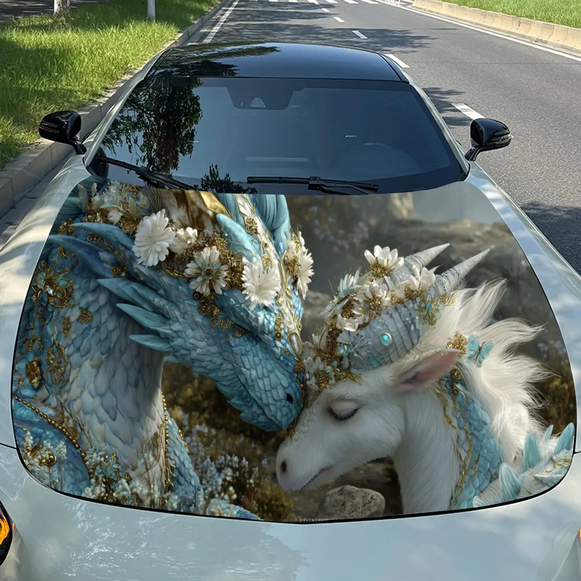 Elf-Style Blue Dragon and Unicorn Car Vinyl Wrap, PVC Material Waterproof Car Hood Sticker, Self-Adhesive Scratch-Resistant Stic