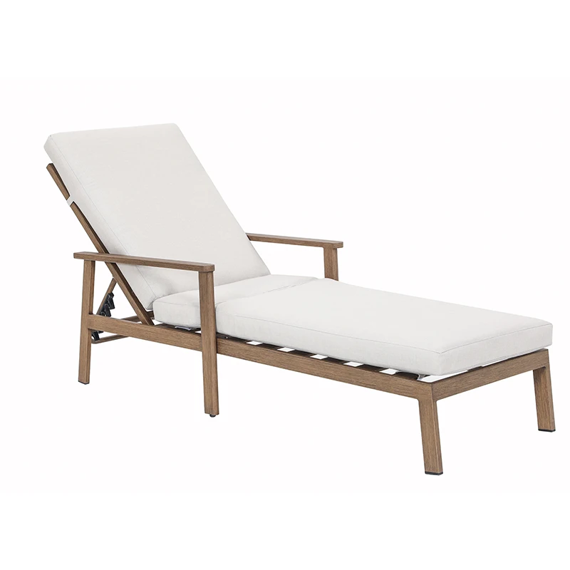 

Adjustable aluminum outdoor lounge chair with fabric cushions for poolside and courtyard sunbathing beds
