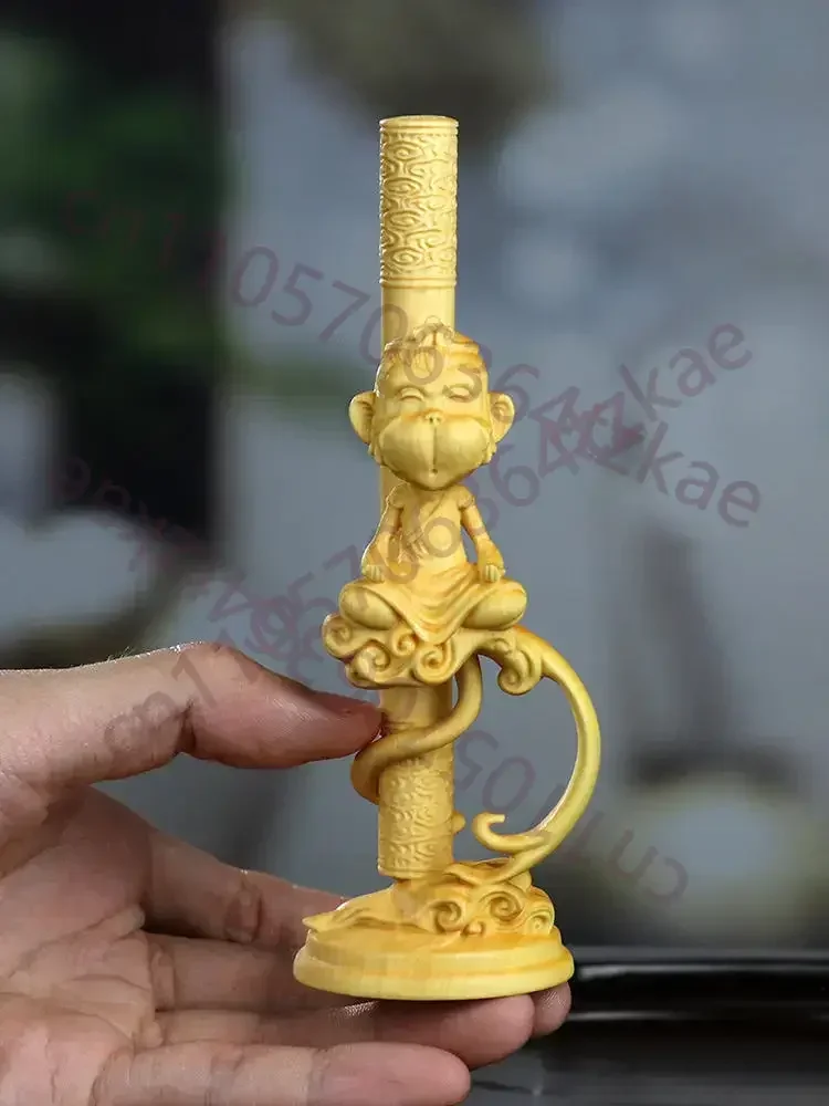 Boxwood Hand Carved Zen Meditation Sun Wukong Monkey King Figurine Pen Holder Ornament - Qi Tian Da Sheng Wooden Desktop Decor