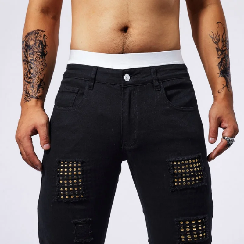 2024 New Summer Muscle Jeans, Men's Elastic Slim Fit, Perforated Patch, Street Fashion, Black Tight Pants