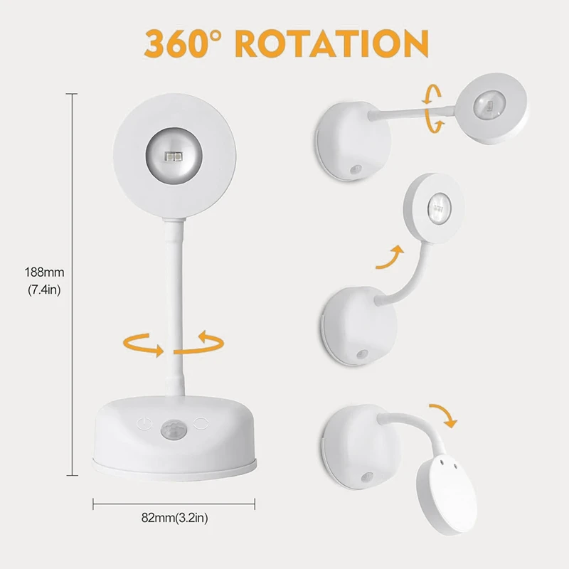 2 pezzi LED Motion Sensor Picture Light plastica bianca dimmerabile 3 temperatura colore, rotazione 360 ° 2200MAH