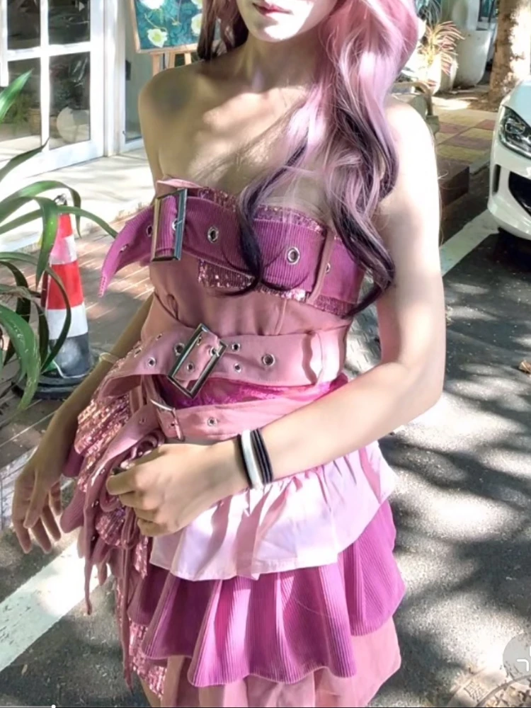 

2000s Aesthetic Punk Style Women New 2 Piece Set Sexy Strapless Tops + Mini Cake Skirt Female Retro Chic Korean Kpop Outfit 2025