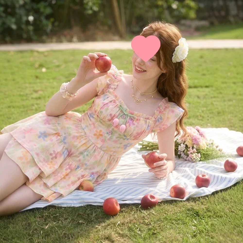 Sweet Little Flying Sleeves Floral Dress Children's Summer French First Love Princess Puff Dress Waist Small Short Skirt