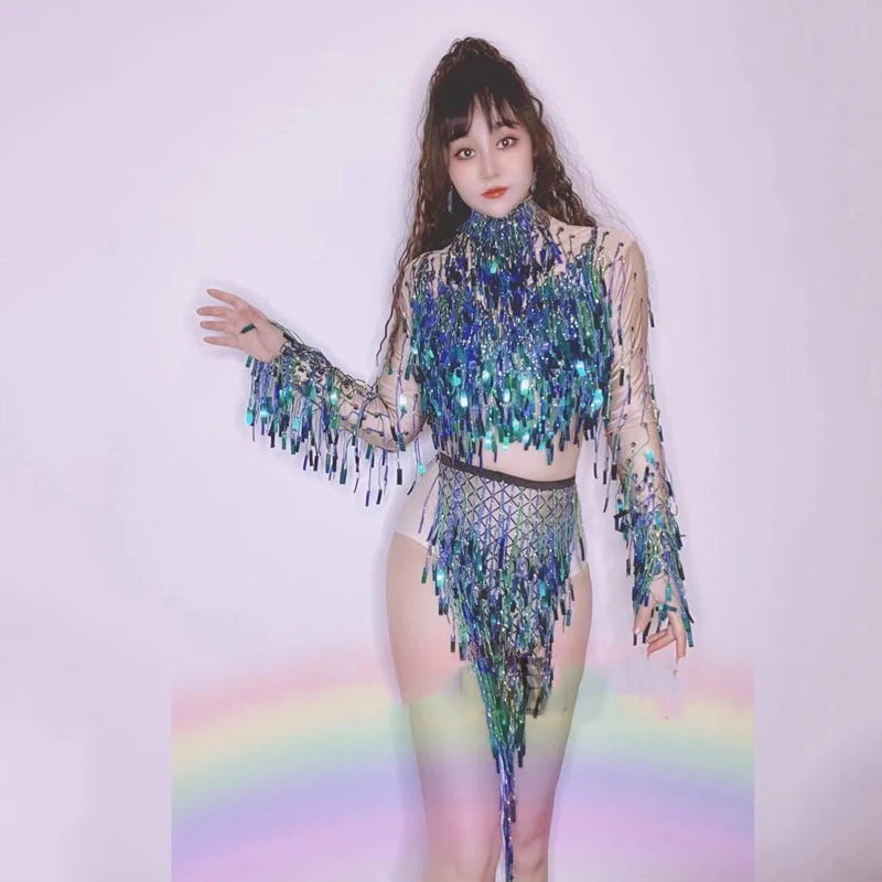 Blue Sequin Fringe Suit Nightclub Female Singer Ocean Style Costumes Dj Ds Stage Outfits Gogo Jazz Pole Dance Clothing DWY8195