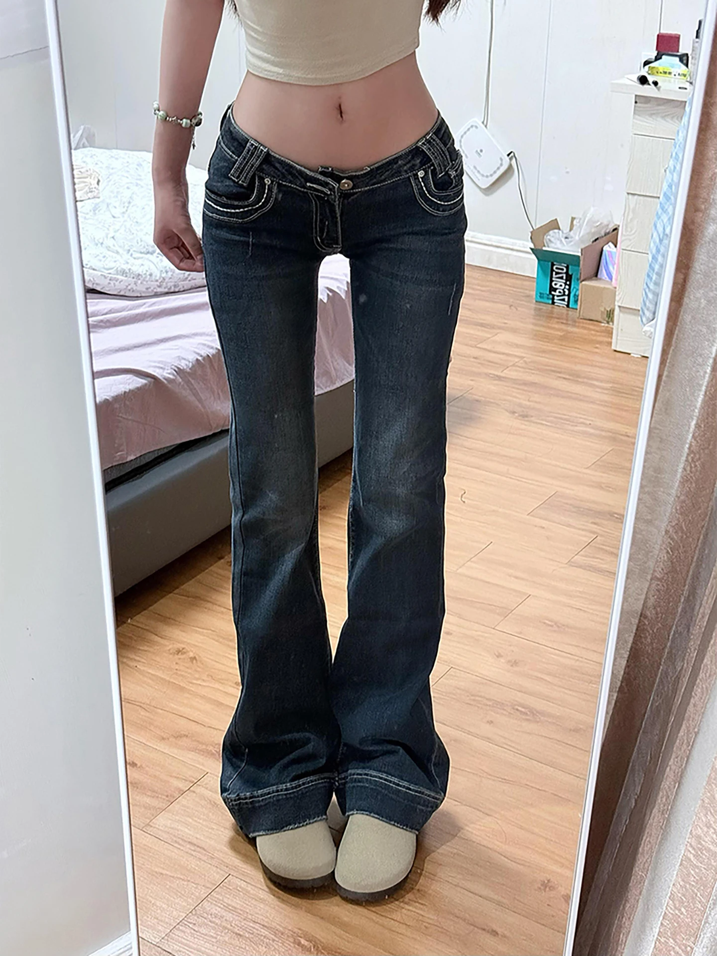 Sexy Low Waist Stretchy Micro Flared Denim Jeans Women's Autumn Vintage Contrast Stitching Floor Length  Hoof Pants