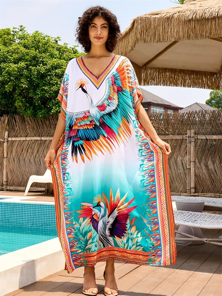 Sexy Swimsuit Cover-ups Plus Size Kaftan 2024 Women Classy Crane Print V Neck Bat Sleeve Beach Dress Summer Cozy Homewear Q16744