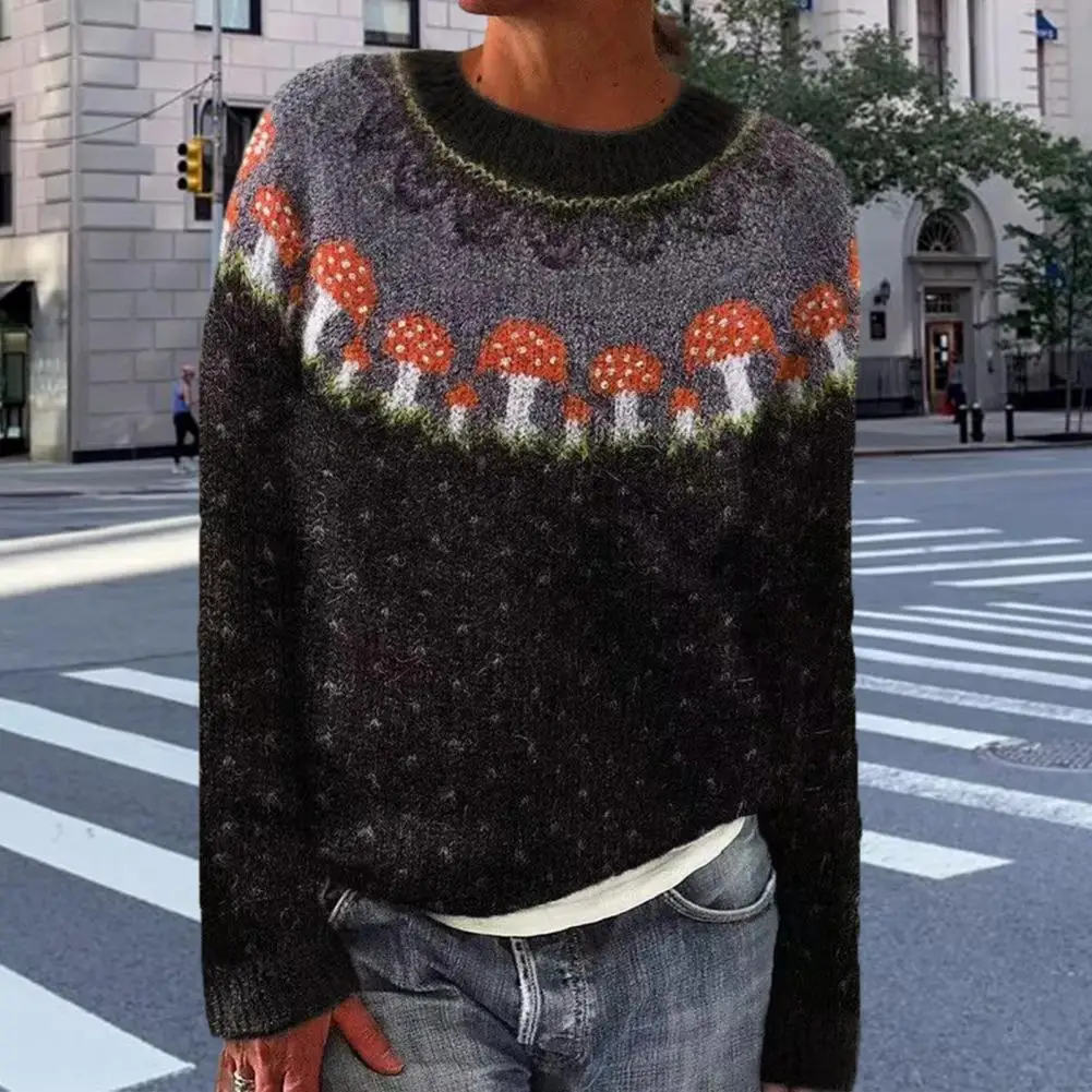 Women Sweater O-Neck Long Sleeve Geometric Pattern Patchwork Color Knitting Tops Loose Fit Crochet Tops