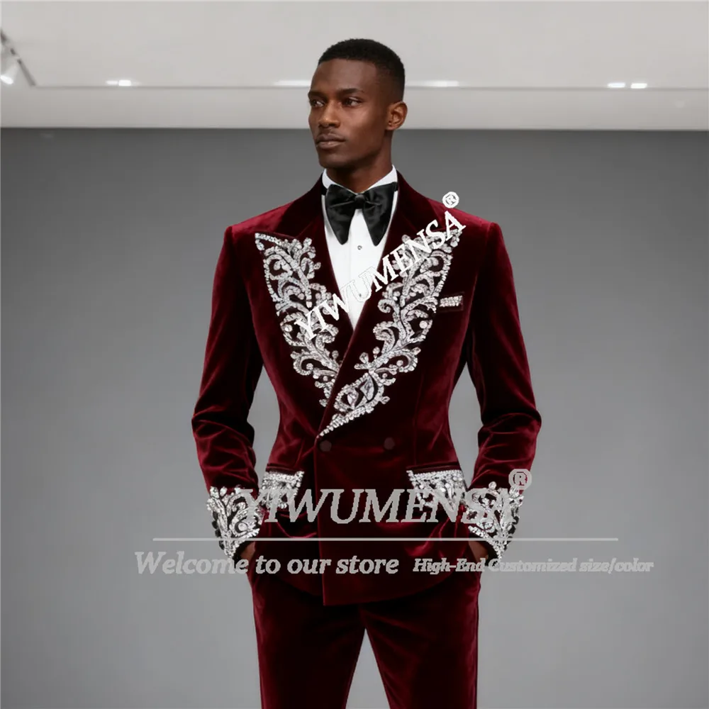 

Glittering Beaded Crystals Velvet Tuxedo Suit For Men 2 Pieces Sets Double Breasted Jacket Pants Customized Groom Wedding Blazer