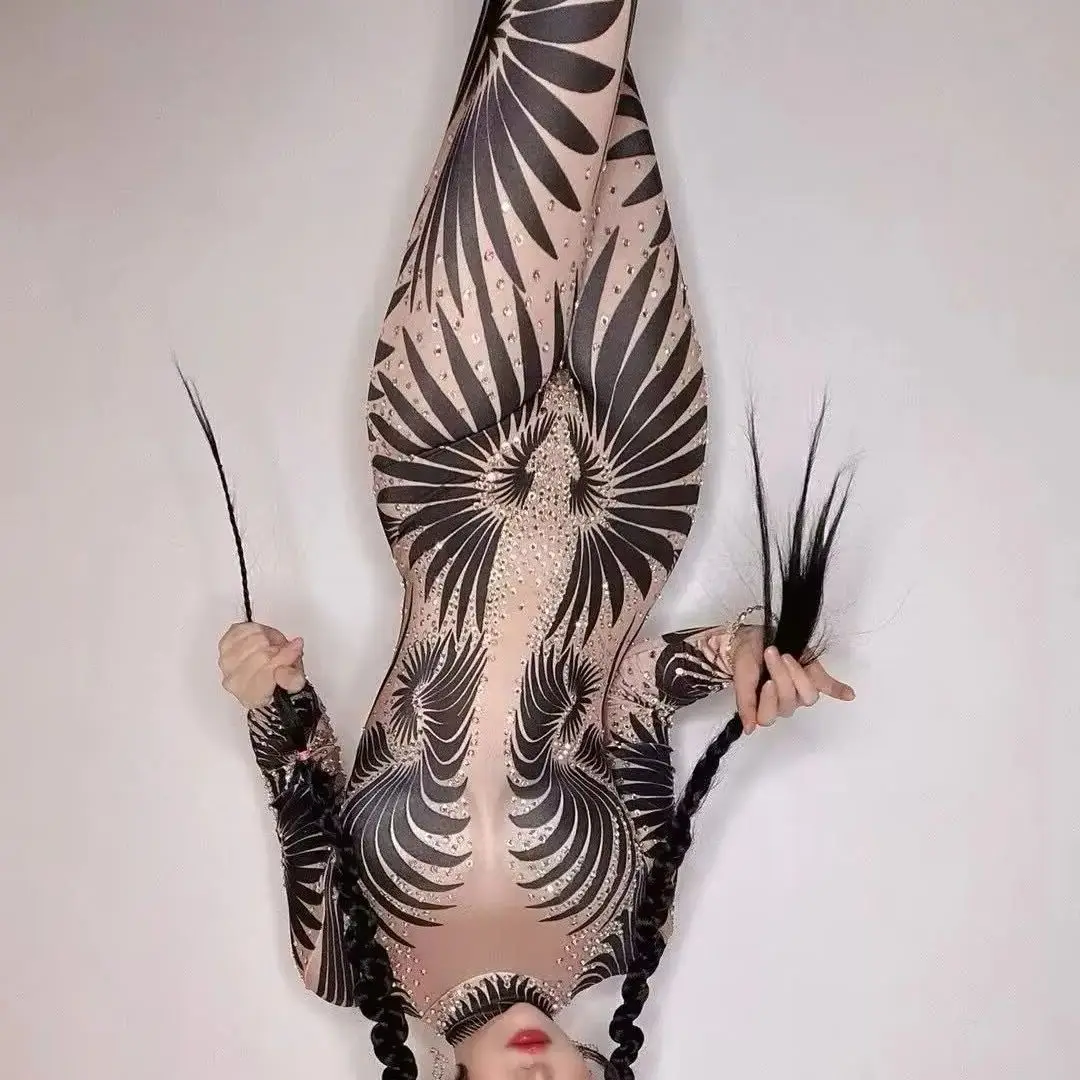 

diamond Feather Print Jumpsuit Women Sexy Birthday Party Bodysuit Prom Dresses Pole Dancer Performance Costume