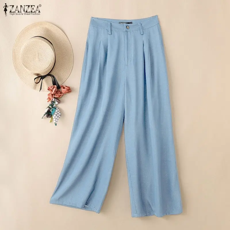Women Autumn False-Denim Wide-Leg Pants High Waist Zipper Fly Solid Color Casual Loose Trousers ZANZEA Korean Fashion Pantalones