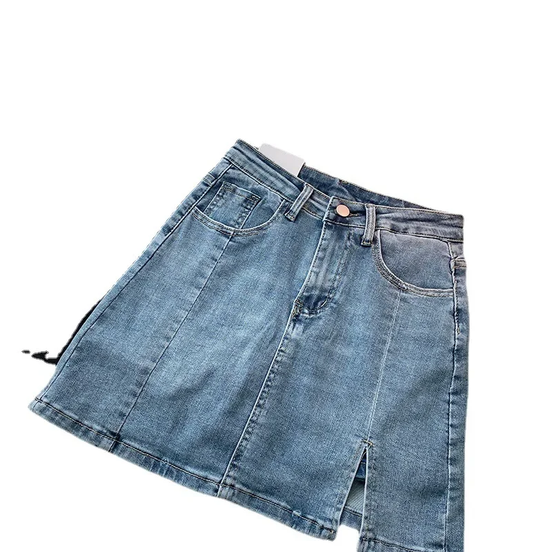 New 2022 Summer High-Waisted Slimming Mini Dress Women's Elastic Denim Skirt With Side Slit Packaged Waist Area