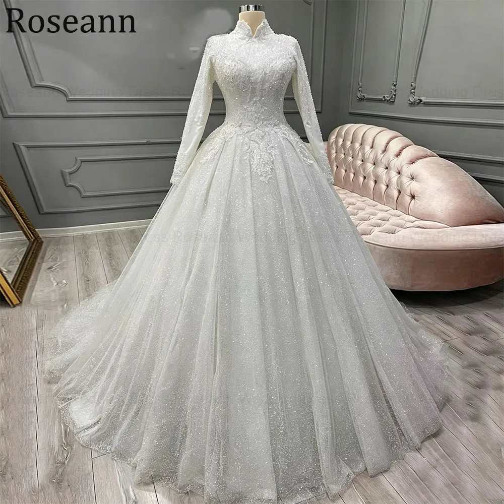 Roseann Hochzeitskleid Muslimisches Hochzeitskleid in A-Linie mit hohem Kragen, drapiert, mit Falten und Applikationen, Brautkleider, Robe de Mariée, maßgeschneidert, 2026
