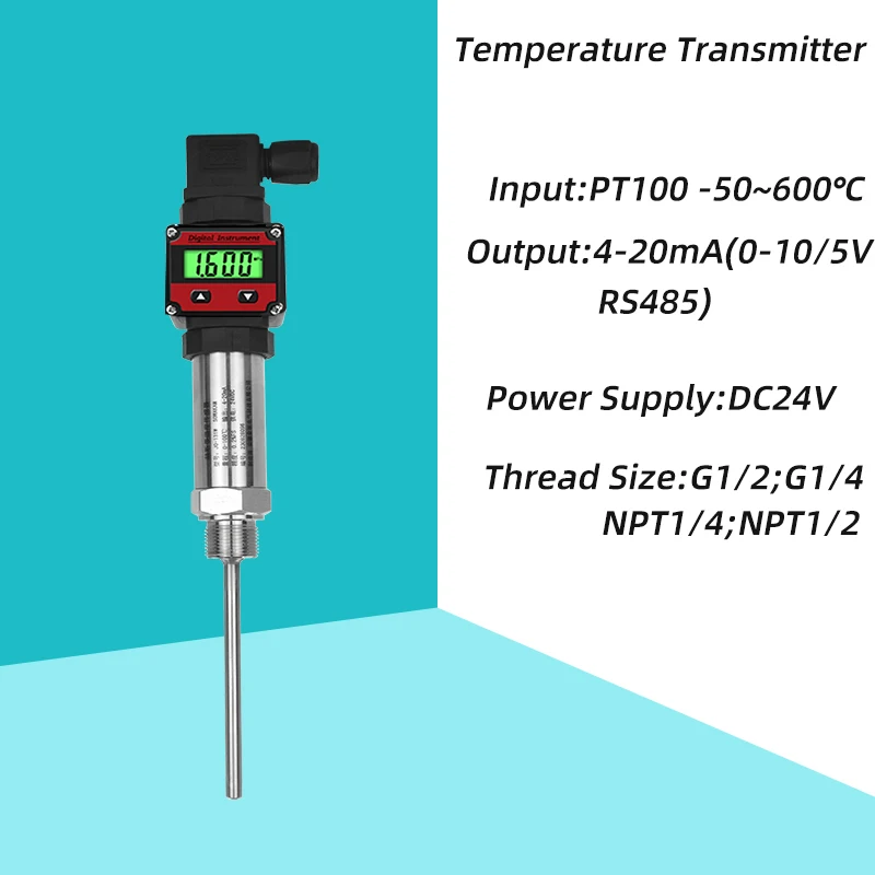 

Передатчик температуры PT100 -50 ~ 500 ℃, штепсельный ЖК-дисплей, кабель 1 м, выход 4-20 мА, 50x6 мм с щупом поршня размером резьбы M20 * 1,5