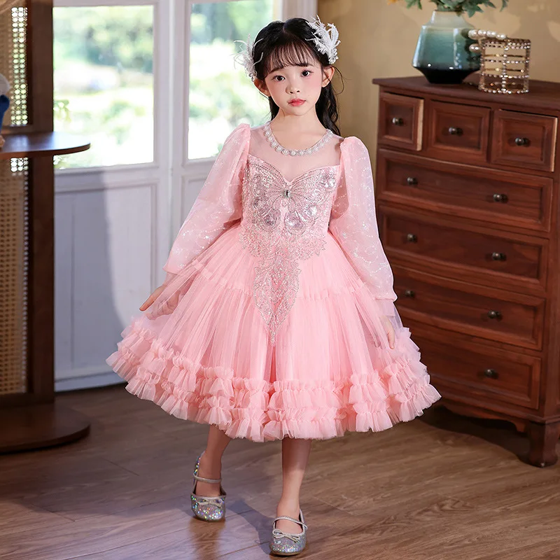 

A.2025Girls Spring and Autumn New Performance Birthday Host Speech Sequin Butterfly Princess Dress