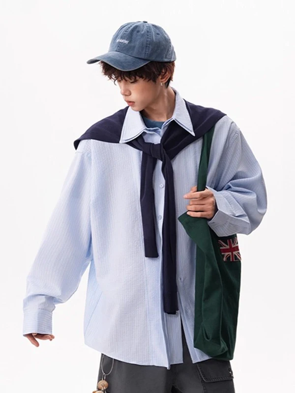 

Мужская повседневная длинная рубашка свободного кроя для весны и осени, в стиле колледж, с отстегивающимся рукавом, из полиэстера, без фирменной марки...