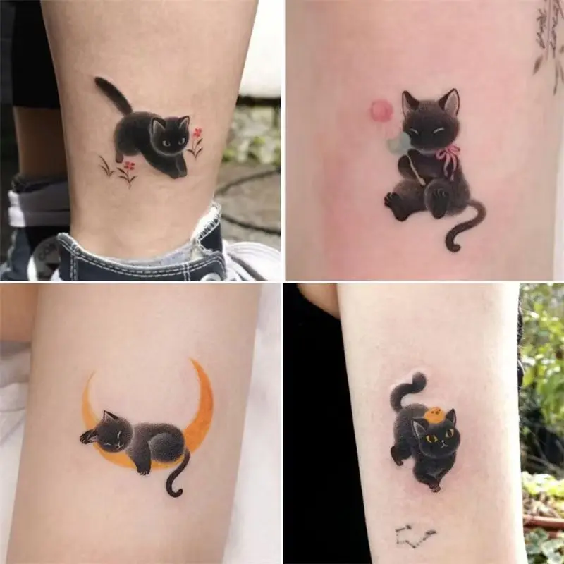 Cute Cat Tattoo Stickers  Black Cat Personality Waterproof Durable Temporary Tattoo Art Men and Women Cartoon Fake Tattoo Set