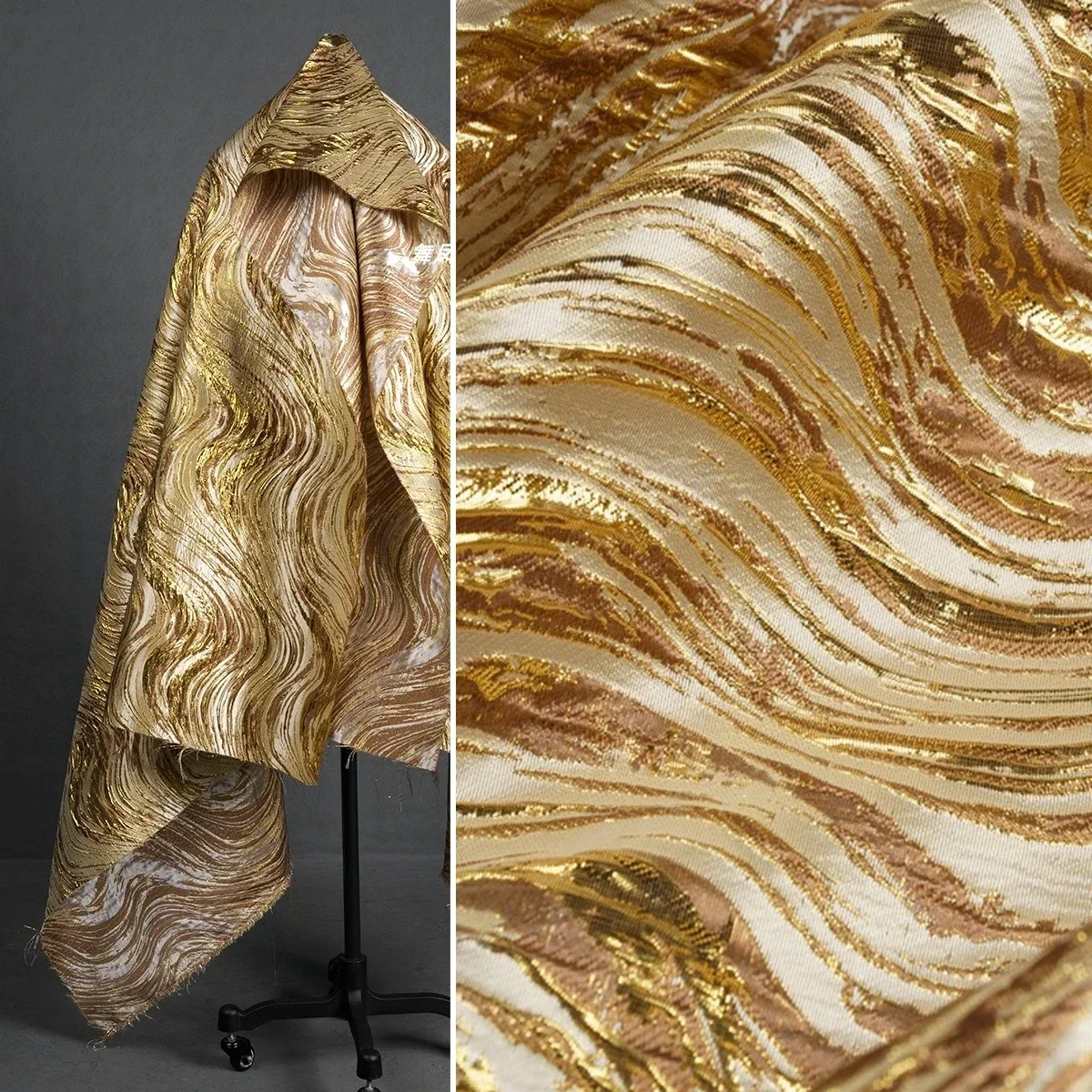 

Тканая атласная жаккардовая ткань с позолоченным волнистым узором и блестящим и глянцевым волнистым узором, ткань в китайском стиле с тяжелой текстурой