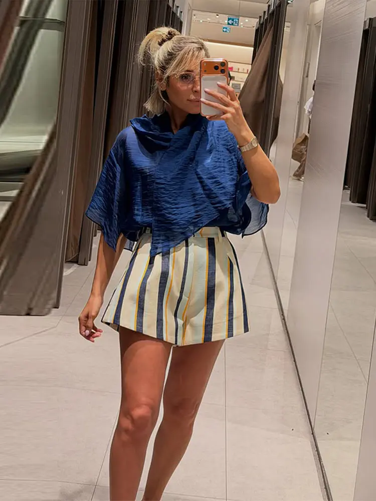 Midi-Shorts mit Streifenmuster für Damen, Streetwear-Stil, Einzelknopfverschluss, Taschen, Paneel-Design, Locker Sitzende Kurze Hose, Modische Damenkleidung für Party und Straße – Detail 8