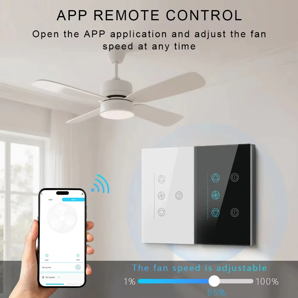 

US 1 2Gang Tuya Wifi Smart Switch Fan Ceiling Fan Lamp Switch Speed Adjust App Voice Control Alexa Google Home With Neutral Wire