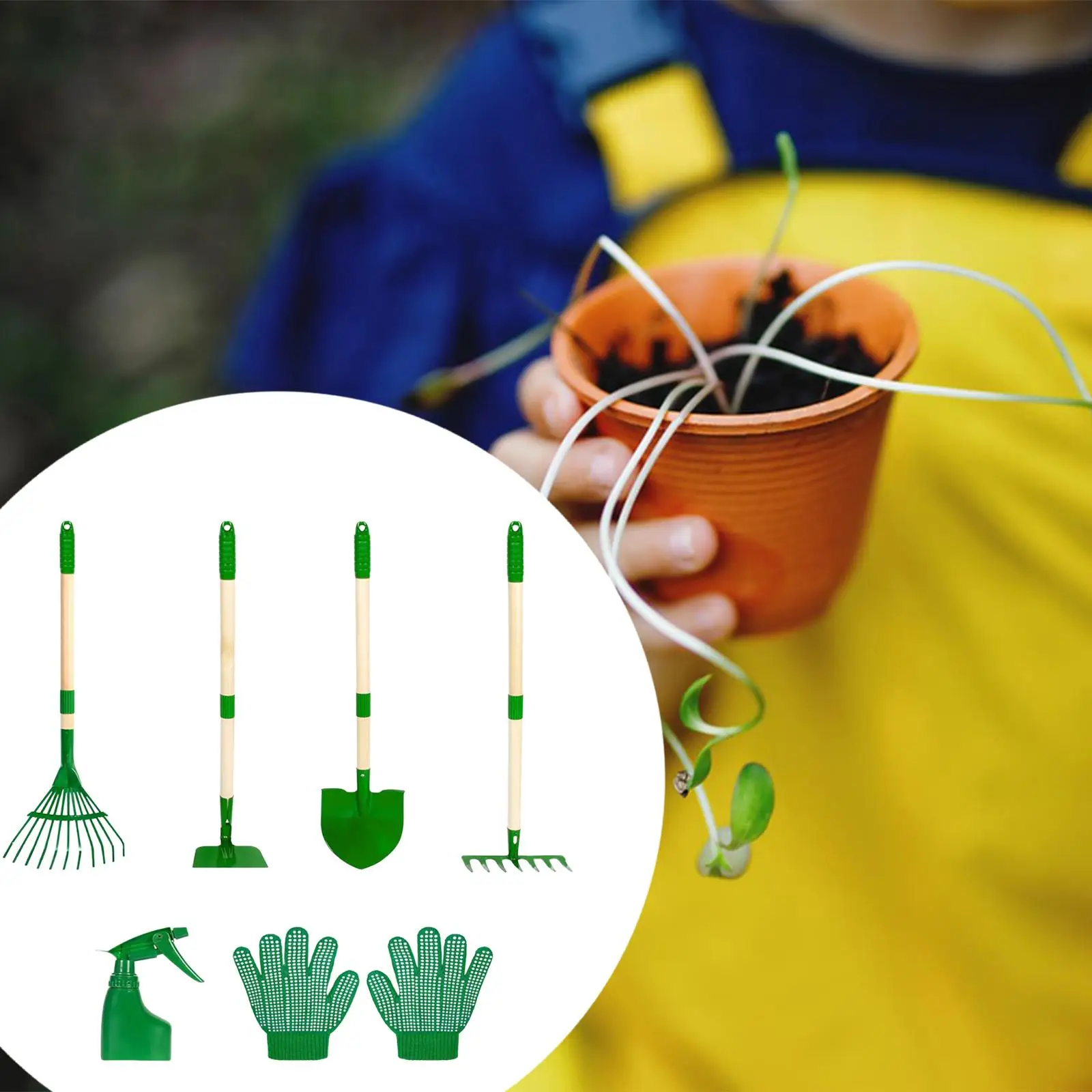 

6 Pieces Kids Gardening Tools Set with Gloves Gifts Portable Comfort Handle with Spray Bottle Spade Rake Leaf Rake Hoe Set