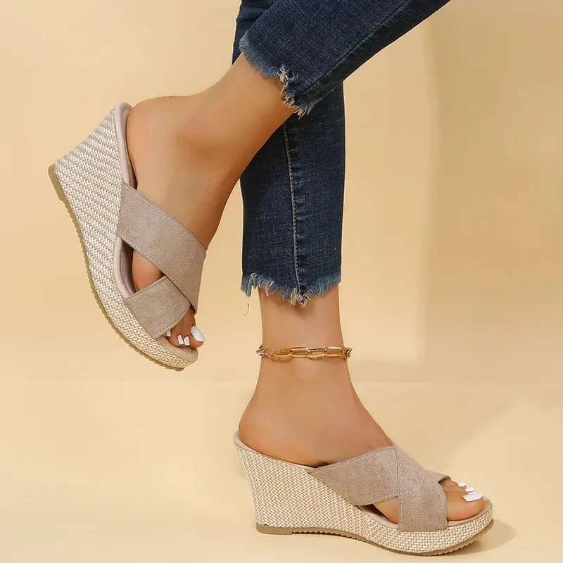 Zapatillas de tacón alto de lujo para mujer, sandalias de cuña de alpargata, zapatos de plataforma informales con punta abierta, sandalias