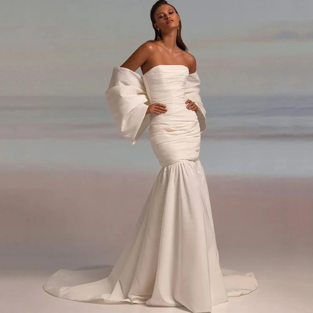 

Chic Strapless Bow Wedding Dress Pleat Mermaid Bridal Floor Length with Sweep Train Sexy Open Back Off the Shoulder Gowns