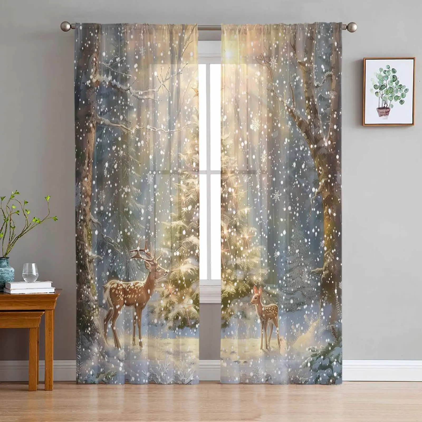 Christmas Snow Scenery Snowflakes Trees Deer Window Treatment Tulle Modern Sheer Curtains for Kitchen Living Room Curtains Decor