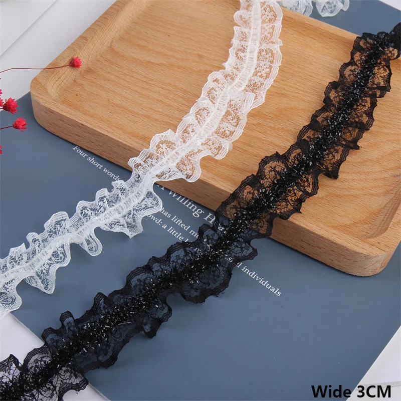 3CM Wide White Black Mesh Elastic Lace Ruffle Trim Embroidered Ribbon Clothes Hemline Dresses Collar Sewing DIY Apparel Decor