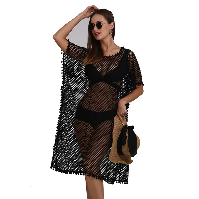 

Black Sexy Openwork Seaside Resort Hairball Bikini Sunscreen Pullover Beach Coat Shawl Cover Ups for Swimwear Women