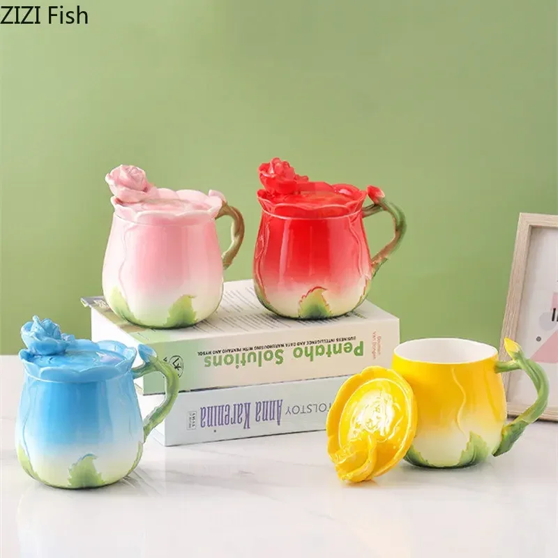 

350ml Creative Flower Mug Ceramic Water Cup with Cover Lovers Afternoon Tea Coffee Cup Nordic Style Household Juice Drink Set