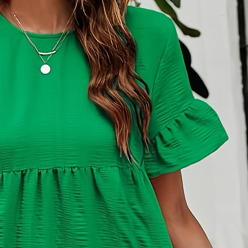 Plus Size Solid Ruched Tiered Dress, Elegant Ruffle Short Sleeve Crew Neck Swing Dress For Spring & Summer, Women's Plus Size Cl