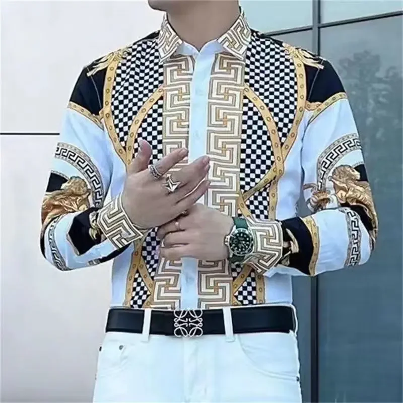 Men's Clothing Long Sleeve Button Up Cardigan Checkered Geometric Printing Turn-down Collar Spring Autumn Casual Boyfriend Tops