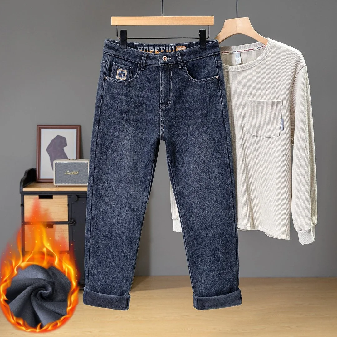 الشتاء الرجال مستقيم الصوف الدافئة الجينز تمتد مريحة فضفاضة عارضة الدنيم السراويل المخملية سميكة ضئيلة السراويل #1