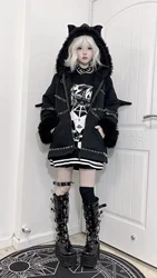 Ruibbit outono inverno mulheres harajuku punk gótico meninas preto solto moletom com capuz japonês cordeiro cabelo imitação casaco jaqueta