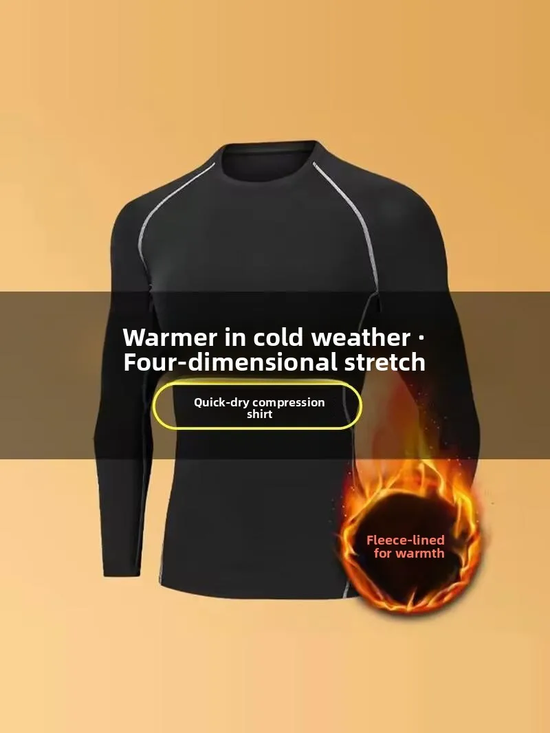Men's Sporty Long Sleeve Fleece Lined Compression Shirt Quick Dry Basketball Training Top Autumn Winter Warm Underwear