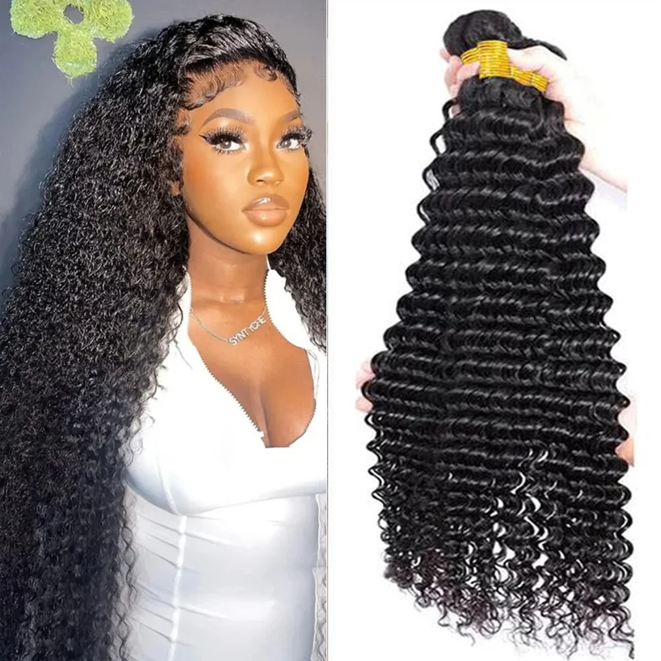 24 26 28 30 32 Inch Deep Wave Human Hair Bundles Curly Hair Brazilian Weaving Natural Remy 100% Human Hair Deep Wave Hair Bundle