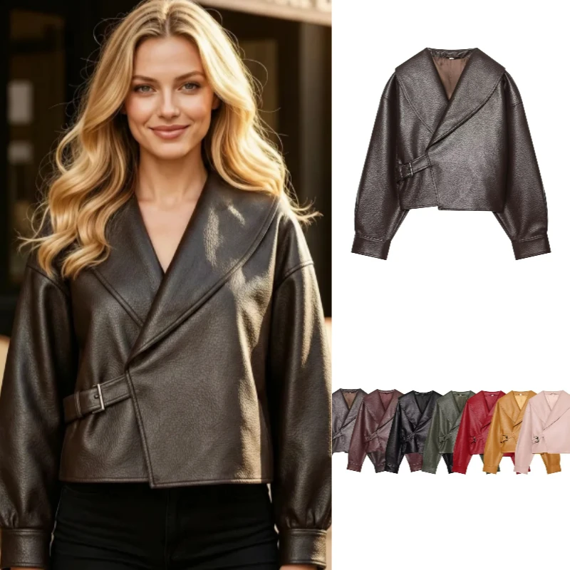 Women's Leather Jacket 2026 Winter New Fashion Double Breasted Long Sleeve Solid Color Coat