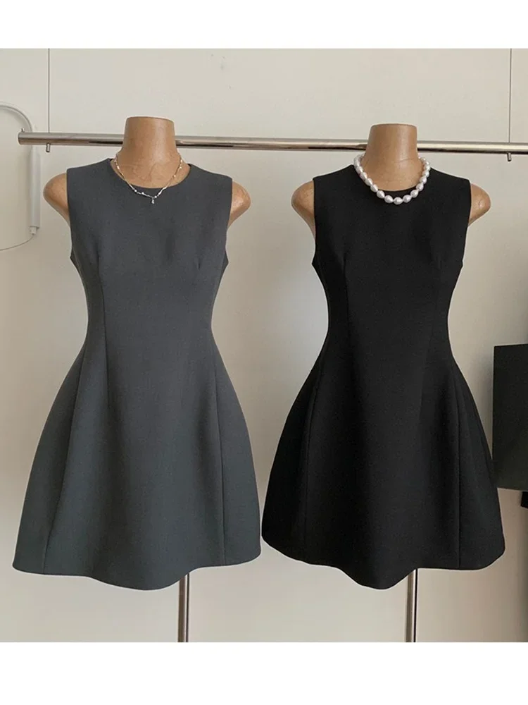 

Elegant Grey Dress Women's Spring Summer Slimming Vest Skirt High Waist Concealing Meat A-Line Midi Dress Korean SleXY150