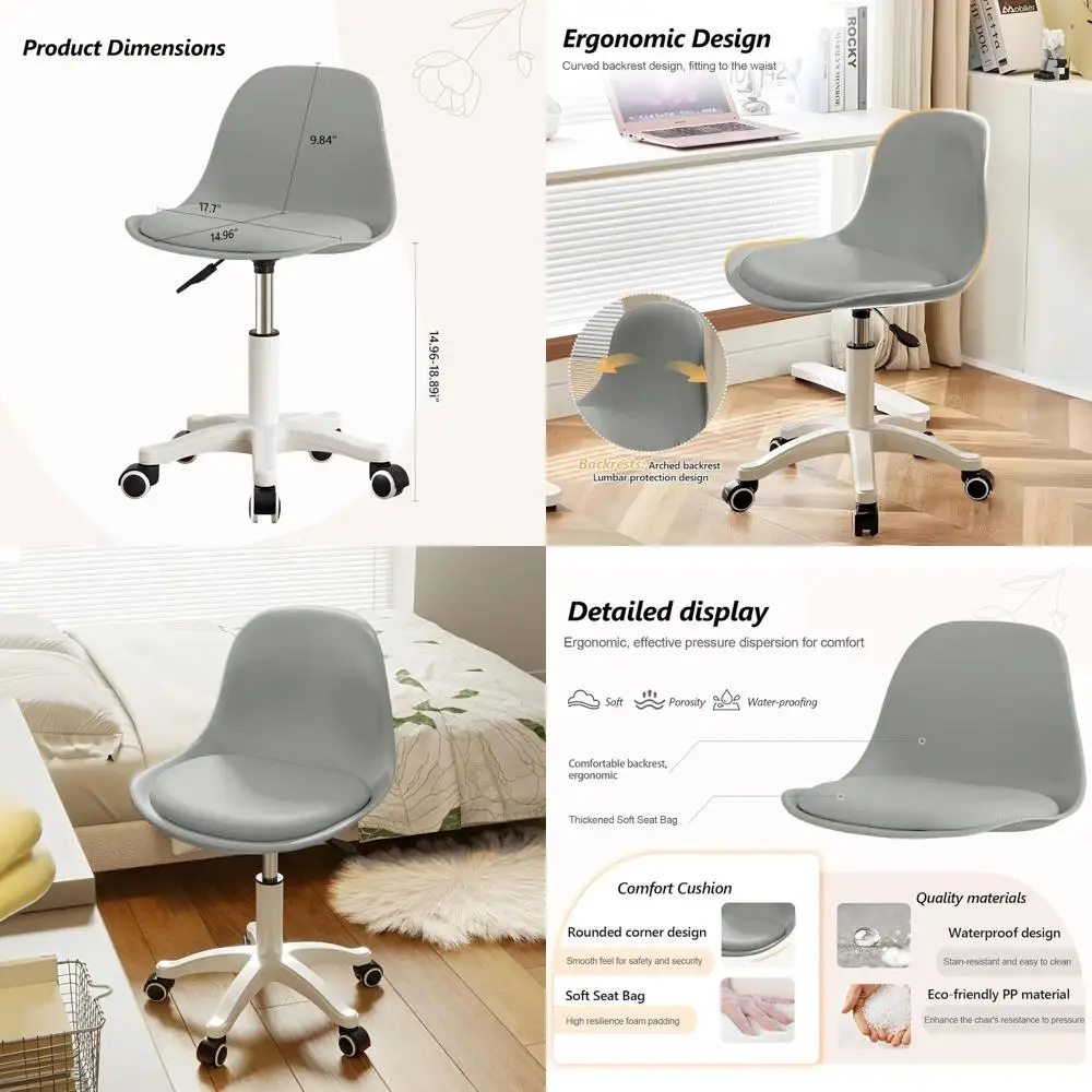 

Compact Armless Vanity Chair with Cushioned Seat, Adjustable Height Desk Chair for Home Office, Suitable for Teens and Girls
