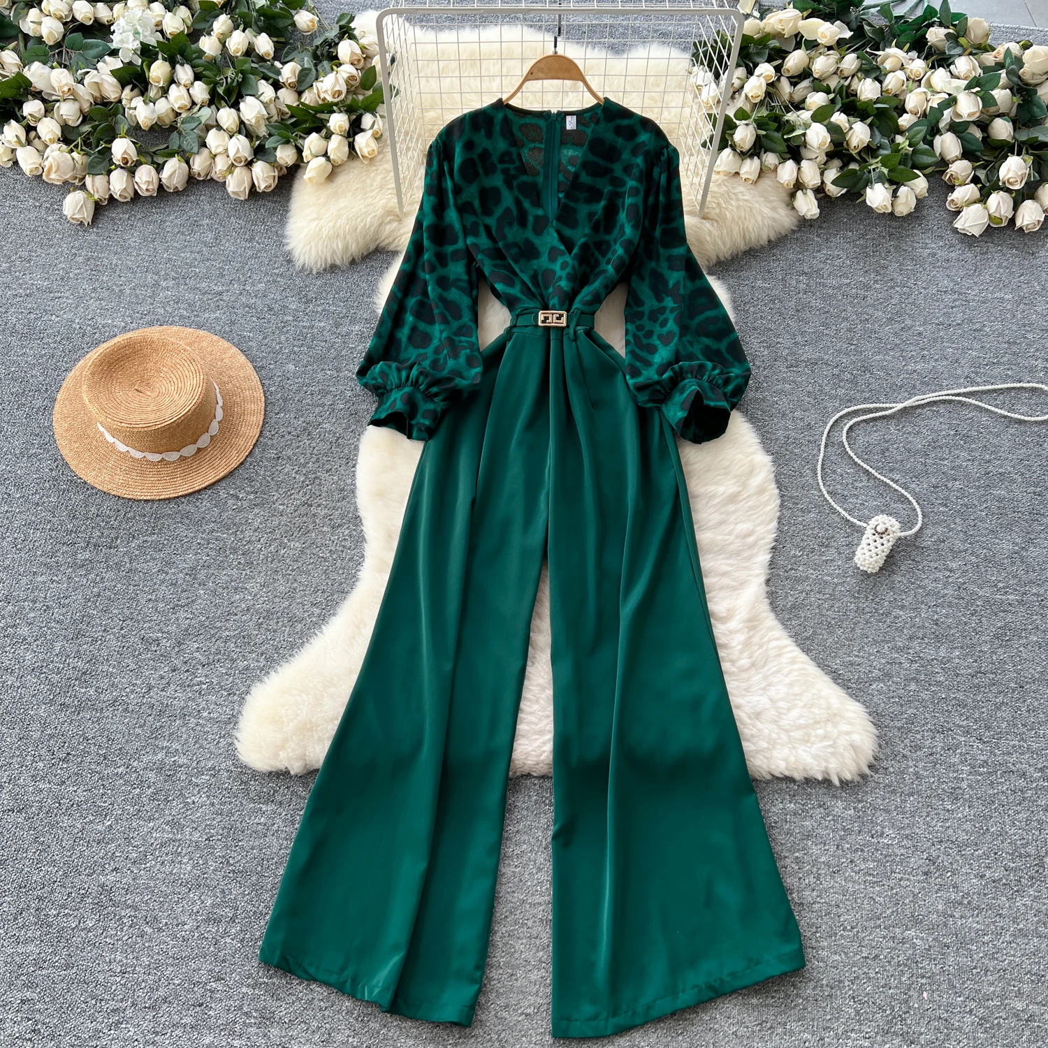 Chic vintage V-neck leopard sashes Fairy loose Summer Beach Vacation Women Boho Sundress Jumpsuits
