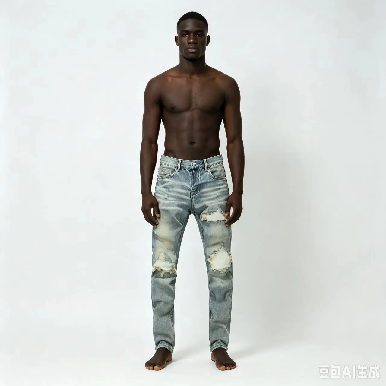 Men's Slim Fit Light Blue Jeans Fashionable Perforated Patches Retro Washed Elastic Trendy Brand New