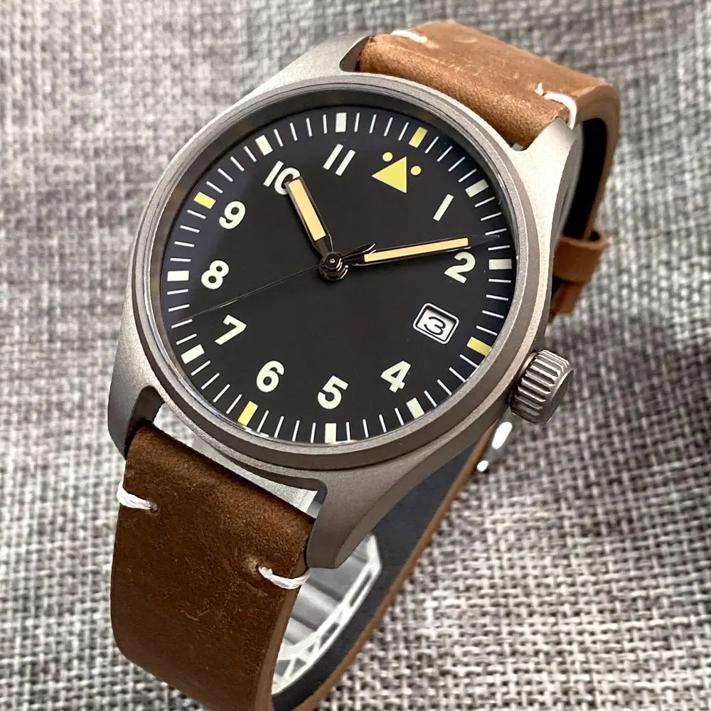 Reloj de titanio de 39mm para hombre, cronógrafo de cristal de zafiro, 20ATM, para buceo, NH35A, piloto automático, correa de cuero, Vintage,