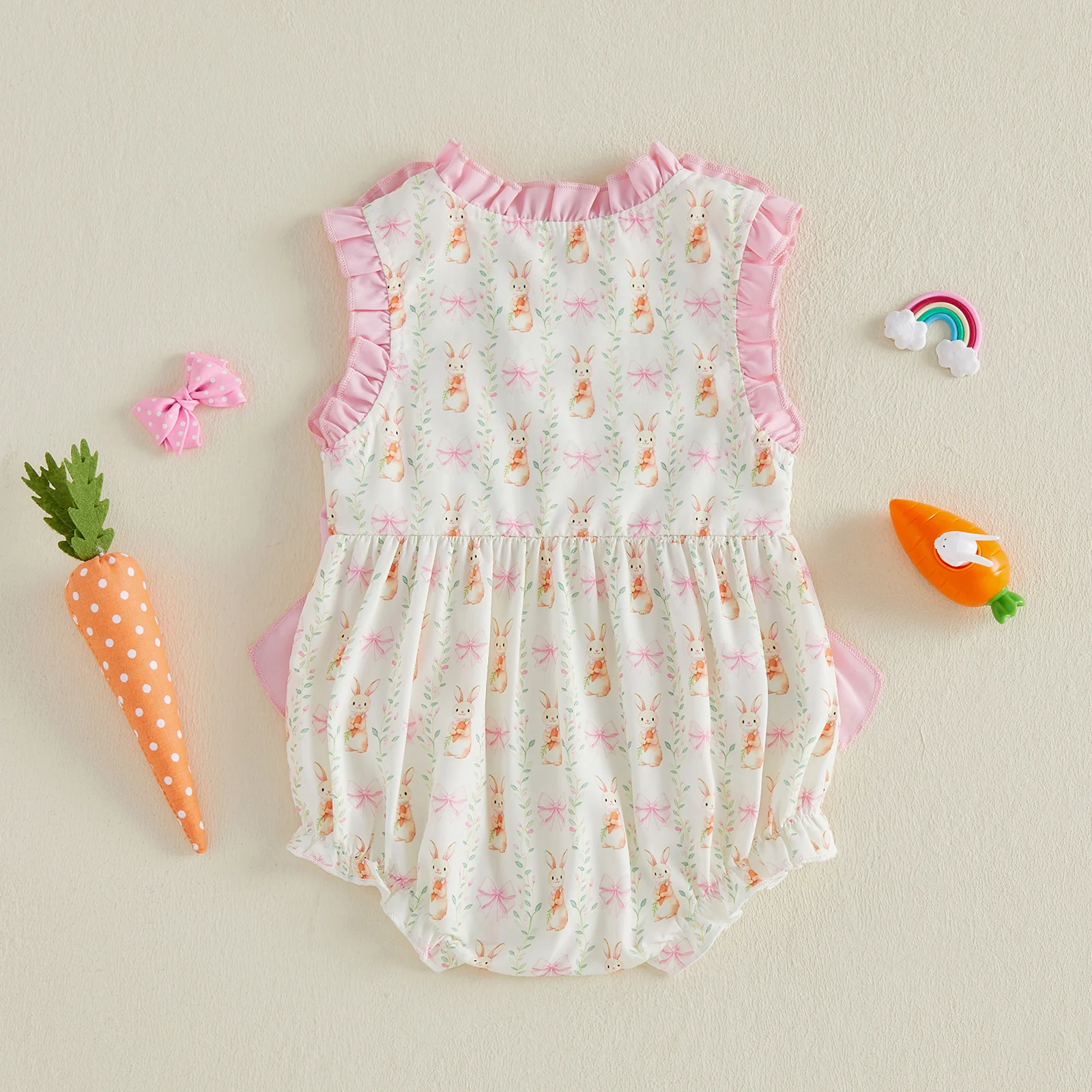 

Комбинезон для маленьких девочек, без рукавов, с круглым вырезом, с принтом кролика, с бантом и вышивкой, детское боди, летняя одежда на Пасху